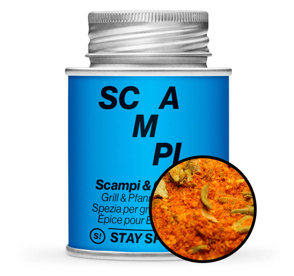 Scampi & Gambas, Grill & Pfannengewürz - Blaue Gewürzdose mit kleiner runder Gewürz-Vorschau von STAY SPICED! bei Chefkoch-Gewürze