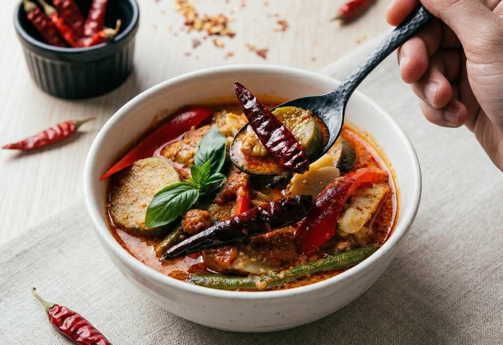 Appetitliche Schale mit scharfem Chili-Curry und frischen roten Chilischoten online kaufen bei chefkoch-gewürze Schweiz