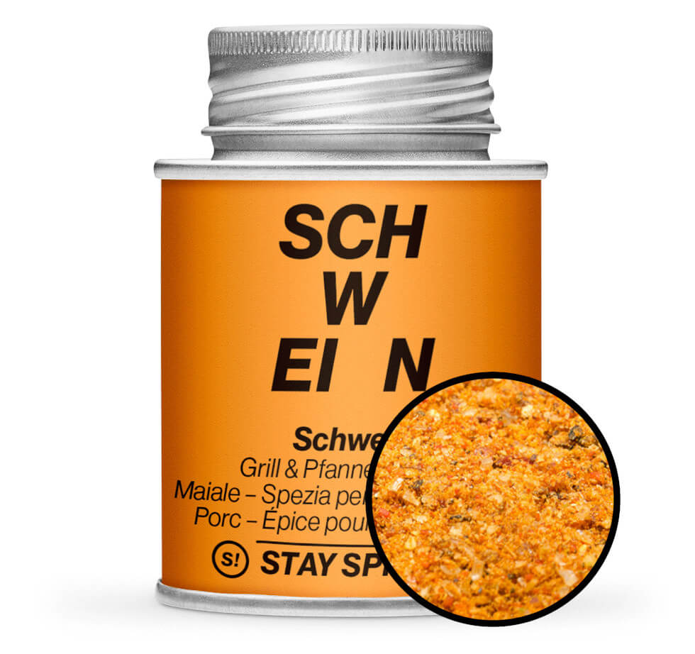 Schwein - Grill & Pfannengewürz - Orange Gewürzdose mit kleiner runder Gewürz-Vorschau von STAY SPICED ! bei Chefkoch-Gewürze