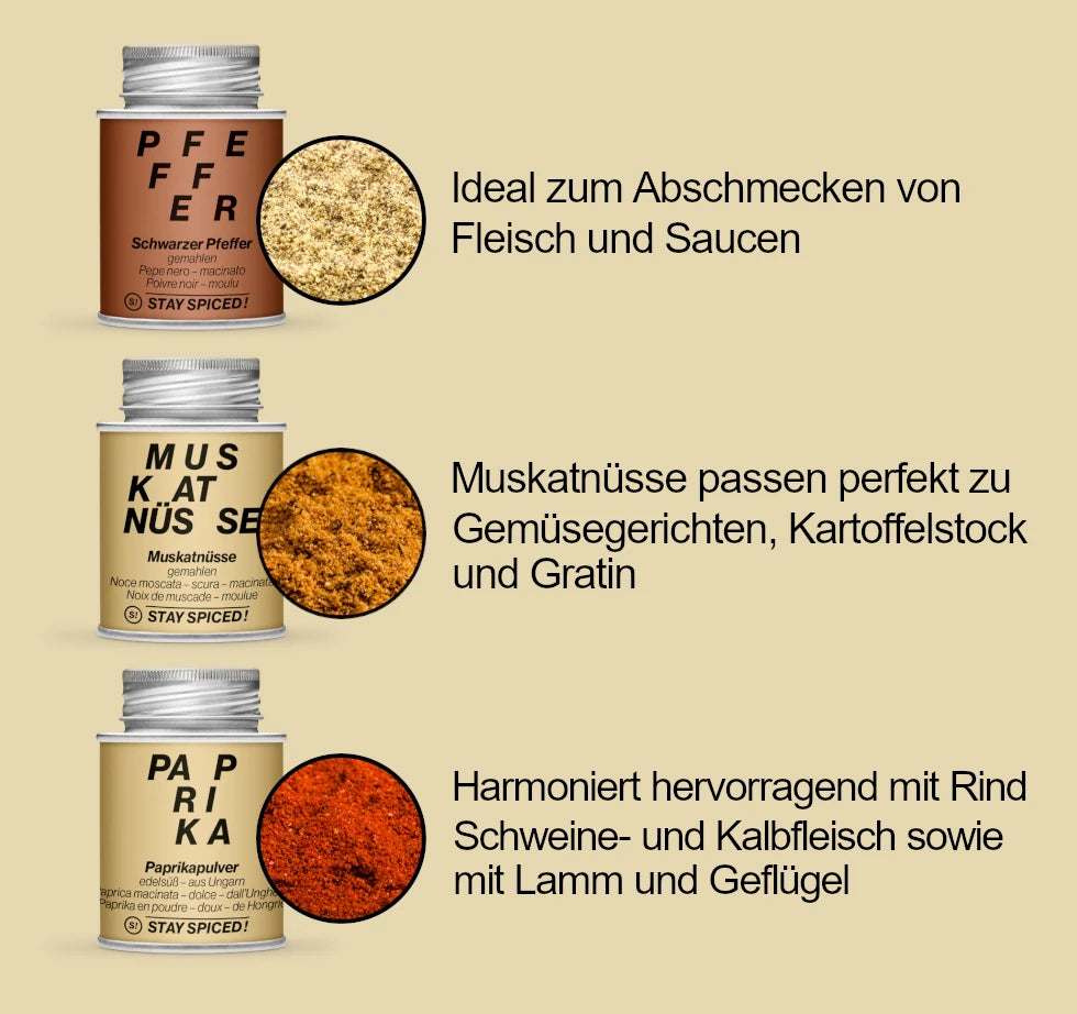 Die STAY SPICED ! Gewürzdosen Eggciting, Gartenkräuter und Hack & Faschiertes aus dem exklusiven Schweizer Küche Set im Überblick