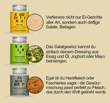Die STAY SPICED ! Gewürzdosen Schwarzer Pfeffer, Muskatnüsse und Paprikapulver aus dem Schweizer Küche Vorteilsset im Detail