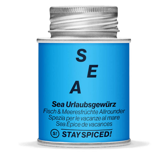 Sea Urlaubsgewürz, Fisch & Meeresfrüchte Allrounder - Geschlossene blaue Gewürzdose von STAY SPICED!