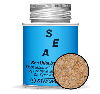 Sea Urlaubsgewürz, Fisch & Meeresfrüchte Allrounder - Blaue Gewürzdose mit kleiner runder Gewürz-Vorschau von STAY SPICED! bei Chefkoch-Gewürze