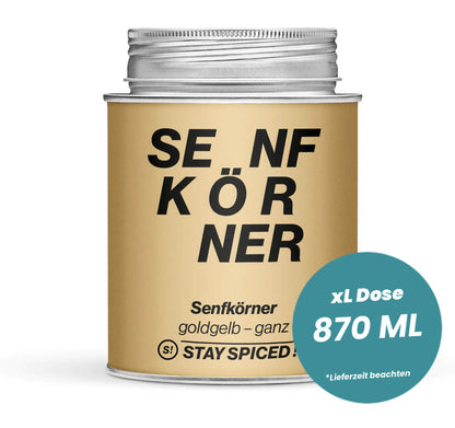 Senfkörner goldgelb ganz in der grossen XL-Dose (870ml) von STAY SPICED!