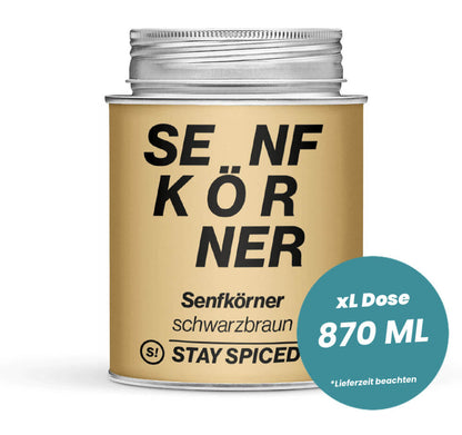 Senfkörner schwarzbraun ganz in der grossen XL-Dose (870ml) von STAY SPICED!