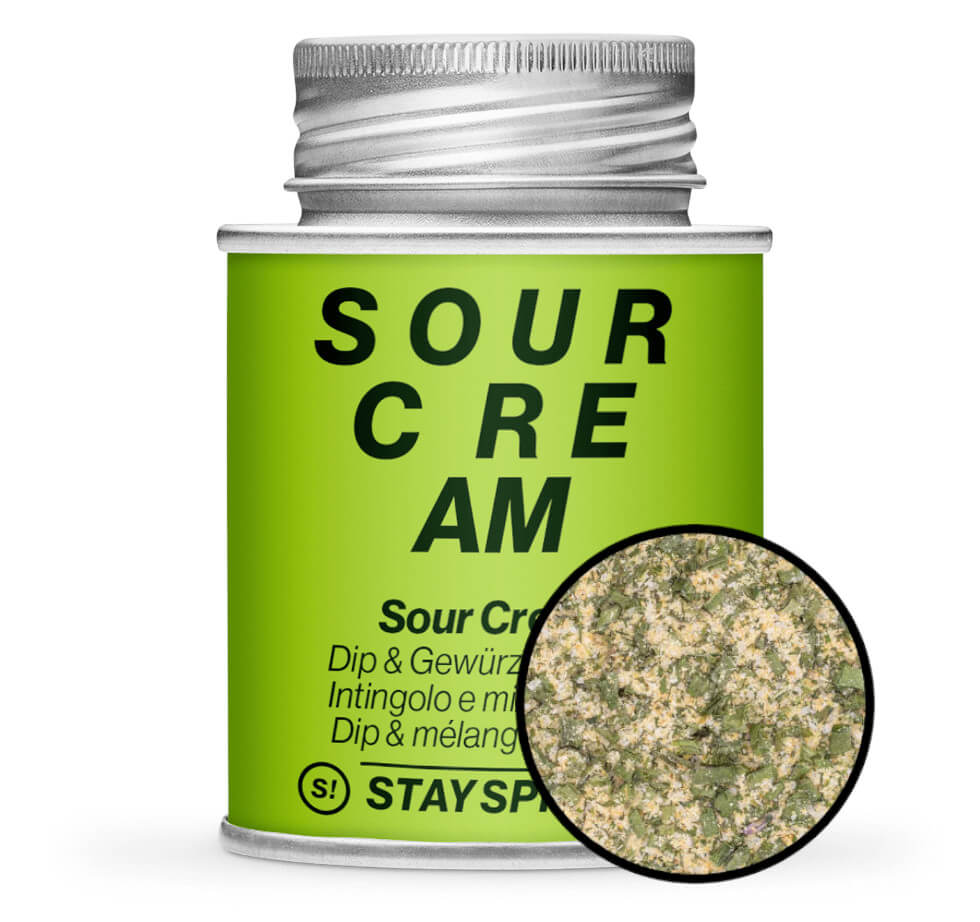 Sour Cream Gewürz - Hellgrüne Gewürzdose mit kleiner runder Gewürz-Vorschau von STAY SPICED! bei Chefkoch-Gewürze