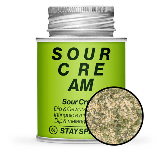 Sour Cream Gewürz - Hellgrüne Gewürzdose mit kleiner runder Gewürz-Vorschau von STAY SPICED! bei Chefkoch-Gewürze