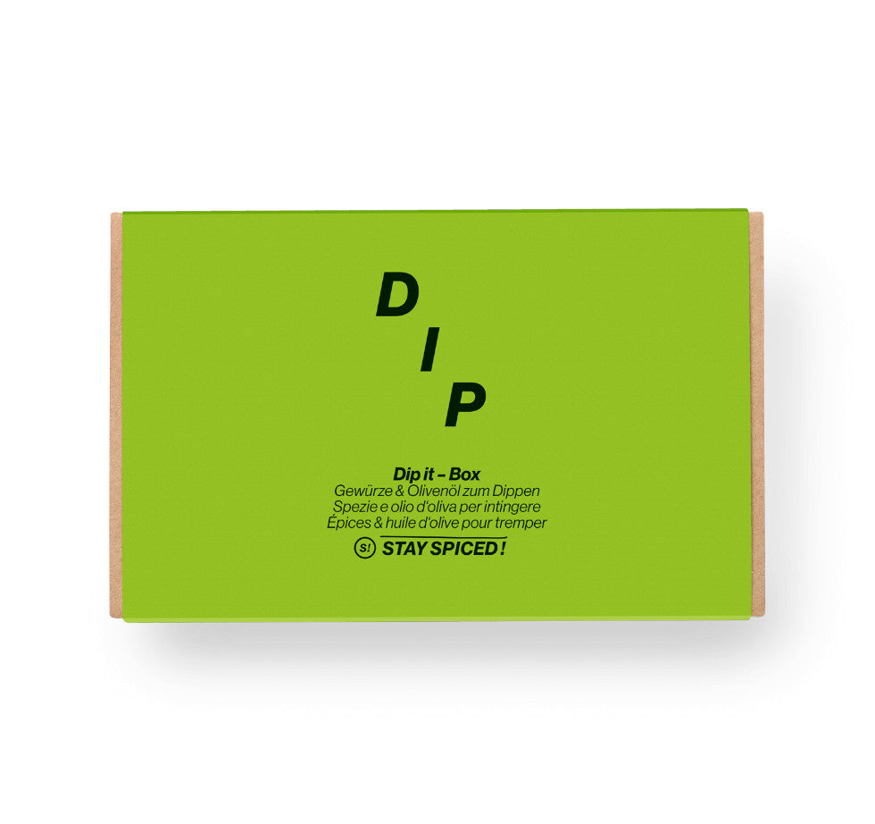 Die auffällige hellgrüne DIP IT Geschenkbox als perfektes Präsent für unkomplizierten Genuss