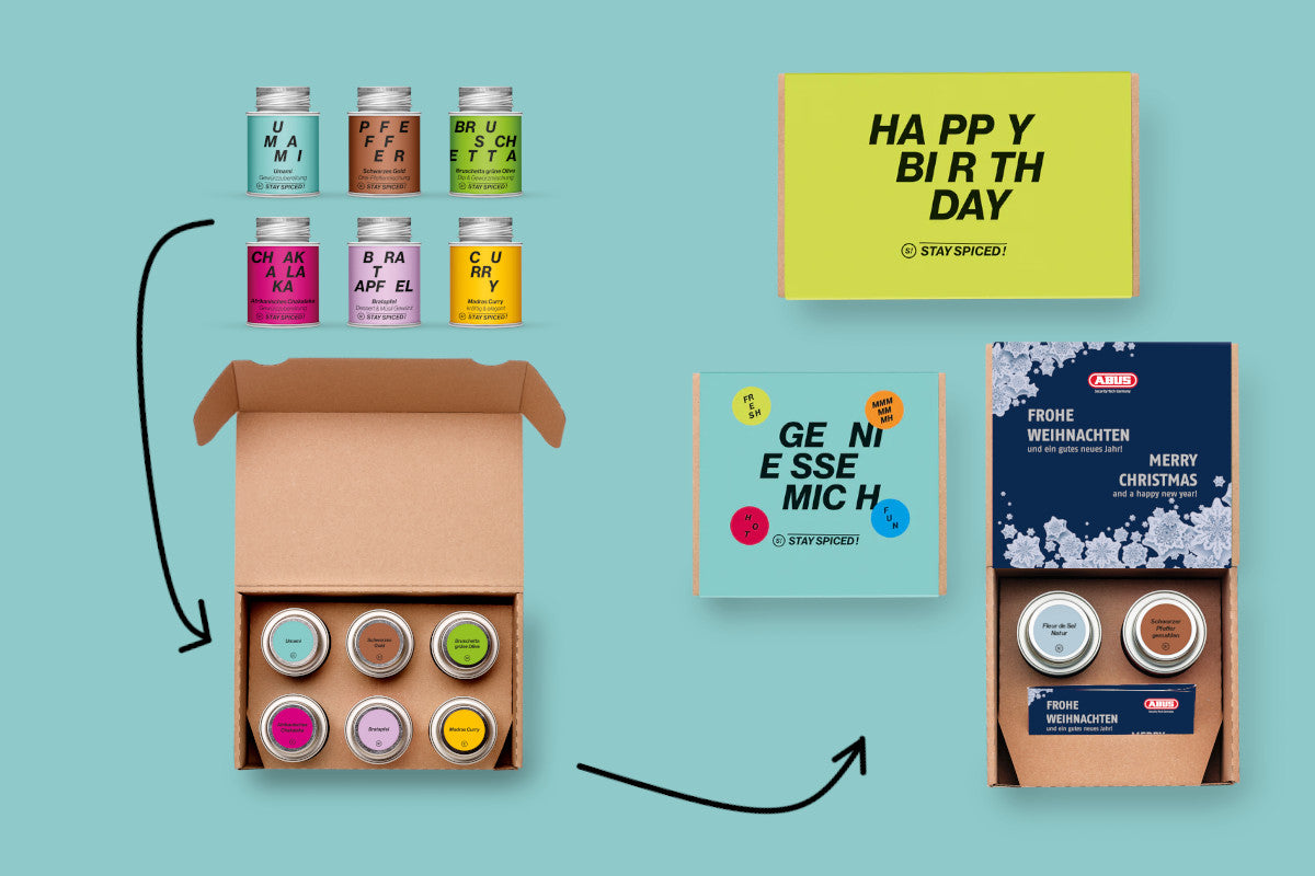Personalisierbare STAY SPICED ! Gewürz-Geschenkboxen mit individuellen Banderolen für Firmen zu Anlässen wie Weihnachten oder Geburtstag