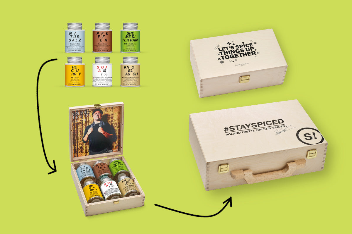 Exklusive STAY SPICED ! Holzboxen für Firmengeschenke mit individueller Lasergravur und Brandstempel als hochwertiges Präsent für Kunden