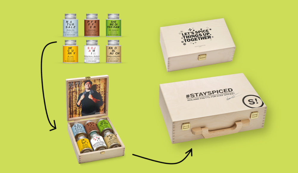 Exklusive STAY SPICED ! Holzboxen für Firmengeschenke mit individueller Lasergravur und Brandstempel als hochwertiges Präsent für Kunden