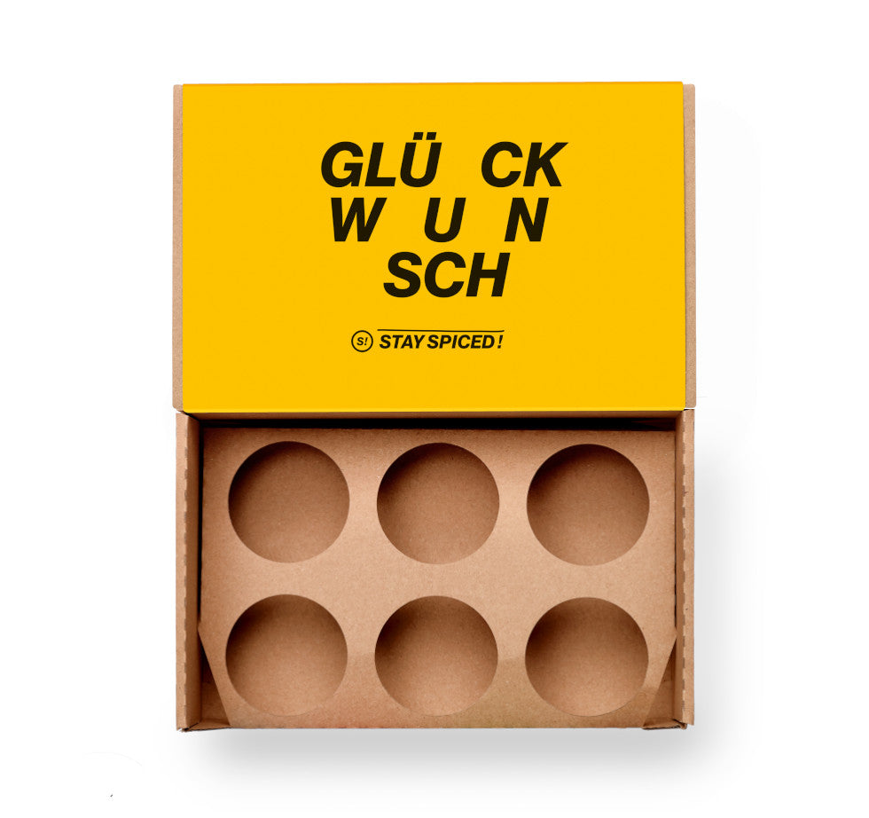 Glückwunsch Gewürzbox Geschenkset für 6 Gewürze von Chefkoch-Gewürze (offene Ansicht, unbestückt)
