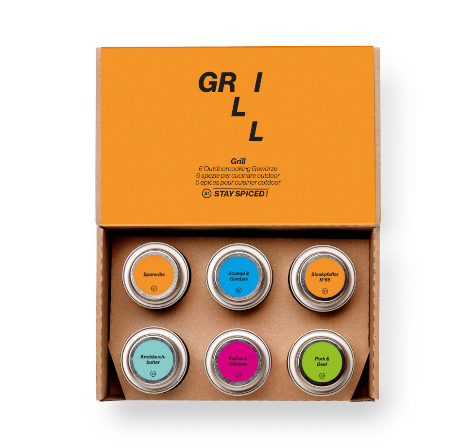 Geöffnete STAY SPICED ! Grill Geschenkbox mit einer erstklassigen Auswahl für Steaks, Spareribs und Dips