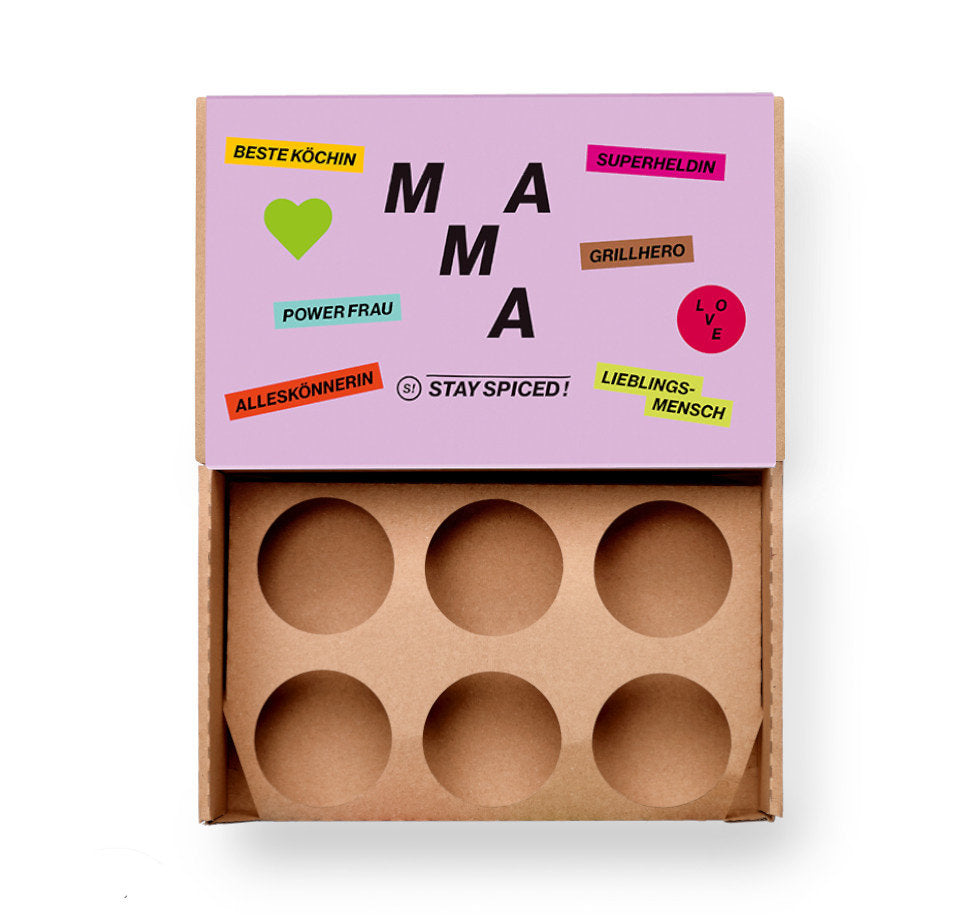 Mama Gewürzbox Geschenkset für 6 Gewürze mit individuellen Aufklebern von Chefkoch-Gewürze (offene Ansicht, unbestückt)