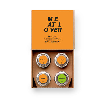 Übersicht der erlesenen Gewürze für Steak, Schwein und Geflügel in der Meat Lover Box