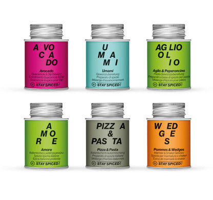 Das STAY SPICED ! Bestseller Gewürze Vorteilsset mit sechs hochwertigen Gewürzdosen für Deine Küche