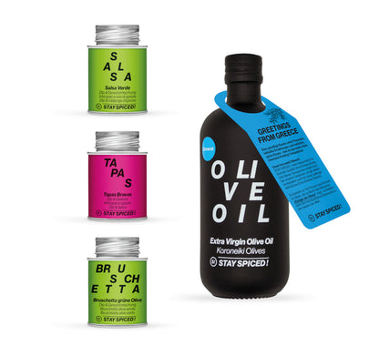 Geöffnete DIP IT Geschenkset Box mit griechischem Olivenöl und drei aromatischen Gewürzdosen