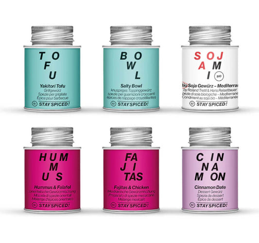 Das STAY SPICED ! Fitness Gewürze Vorteilsset mit sechs hochwertigen Gewürzdosen für eine gesunde Ernährung