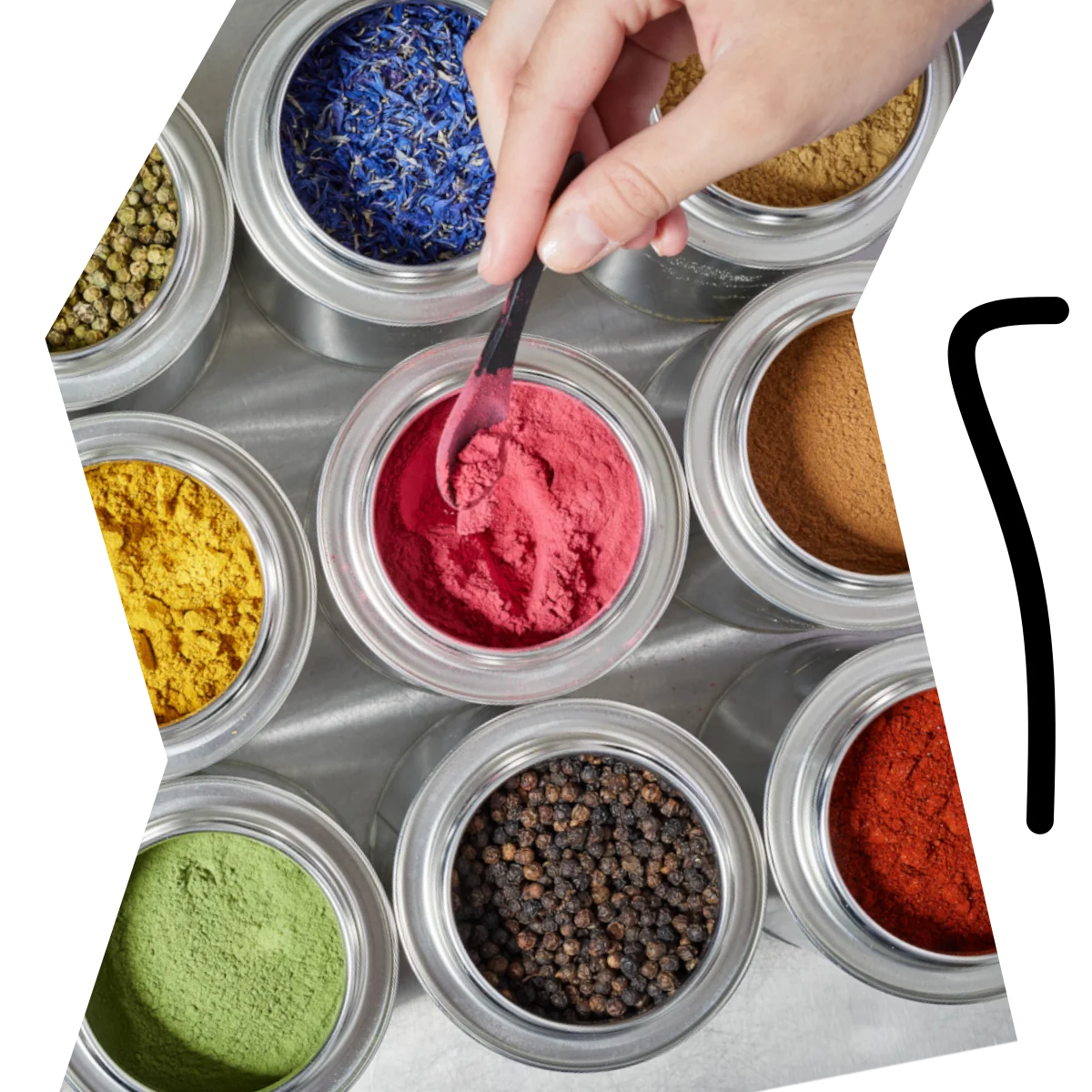 Geöffnete STAY SPICED! Gewürzdosen mit bunten Premium-Gewürzen und Reingewürzen
