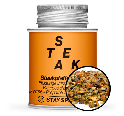 Steakpfeffer N°66 - Orange Gewürzdose mit kleiner runder Gewürz-Vorschau von STAY SPICED ! bei Chefkoch-Gewürze