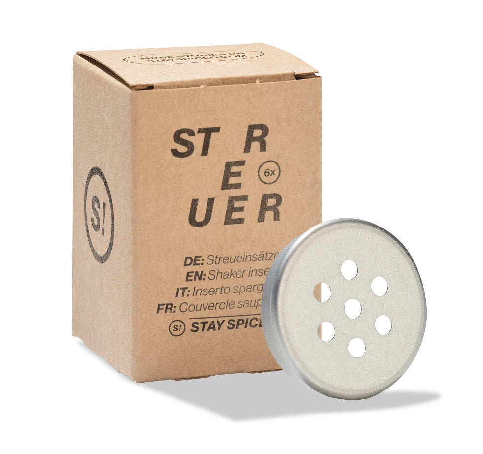 Streueinsatz aus Weissblech für STAY SPICED ! 170ml Schraubdosen in der Draufsicht für präzises Dosieren