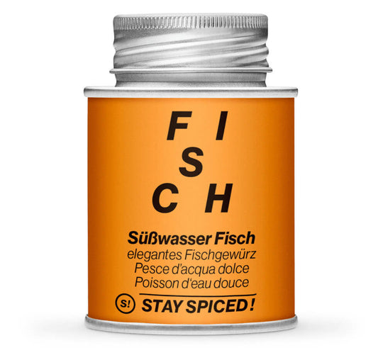 Süsswasser Fisch, elegantes Fischgewürz - Geschlossene orange Gewürzdose von STAY SPICED!