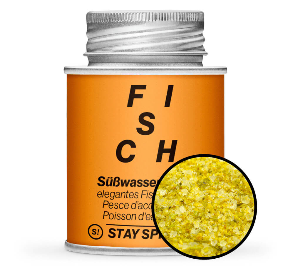 Süsswasser Fisch, elegantes Fischgewürz - Orange Gewürzdose mit kleiner runder Gewürz-Vorschau von STAY SPICED! bei Chefkoch-Gewürze