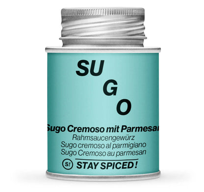 Sugo Cremoso mit Parmesan - Geschlossene hellblaue Gewürzdose von STAY SPICED!