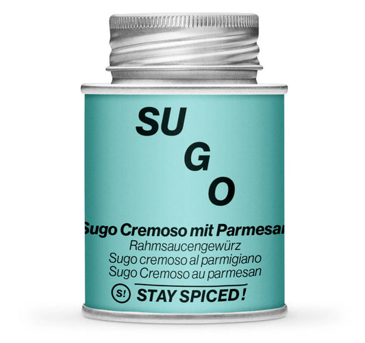 Sugo Cremoso mit Parmesan - Geschlossene hellblaue Gewürzdose von STAY SPICED!