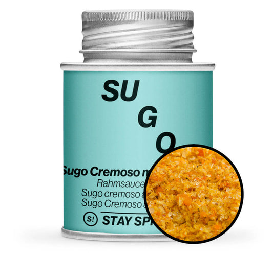 Sugo Cremoso mit Parmesan - Hellblaue Gewürzdose mit kleiner runder Gewürz-Vorschau von STAY SPICED! bei Chefkoch-Gewürze