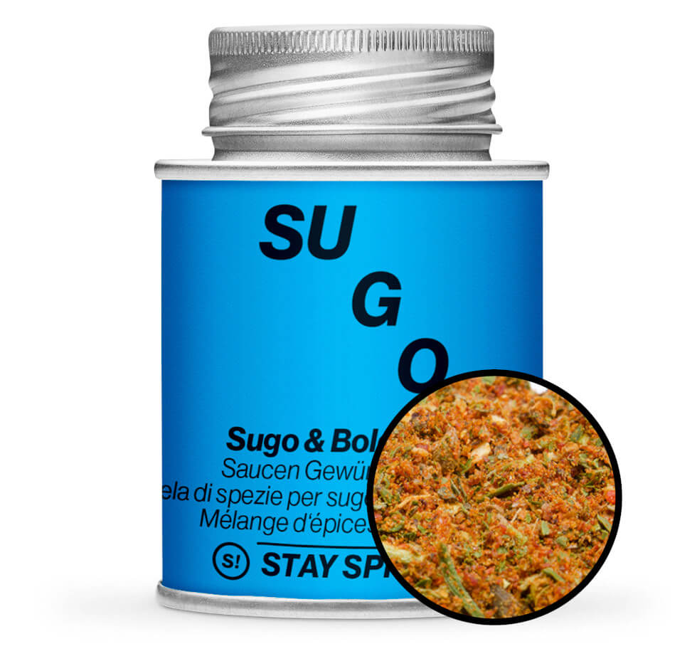 Sugo und Bolognese Gewürz - Hellblaue Gewürzdose mit kleiner runder Gewürz-Vorschau von STAY SPICED! bei Chefkoch-Gewürze
