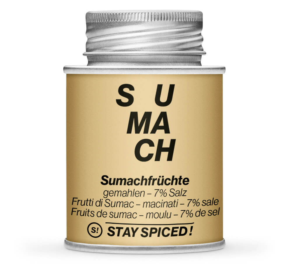 Sumachfrüchte - Sumach Türkisch - 7% Salz - Geschlossene Hellbraun Gewürzdose von STAY SPICED!