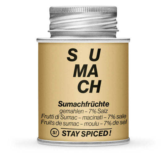 Sumachfrüchte - Sumach Türkisch - 7% Salz - Geschlossene Hellbraun Gewürzdose von STAY SPICED!