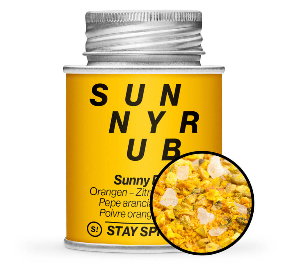 Sunny Rub - Gelbe Gewürzdose mit kleiner runder Gewürz-Vorschau von STAY SPICED ! bei Chefkoch-Gewürze
