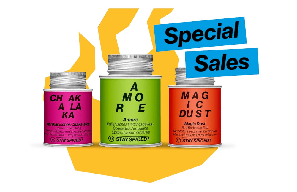 Drei STAY SPICED ! Gewürzdosen Chakalaka, Amore und Magic Dust im Special Sales Aktionsangebot