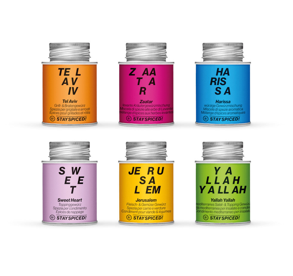 Die sechs aromatischen STAY SPICED ! Gewürzdosen der Levante Kollektion im Überblick