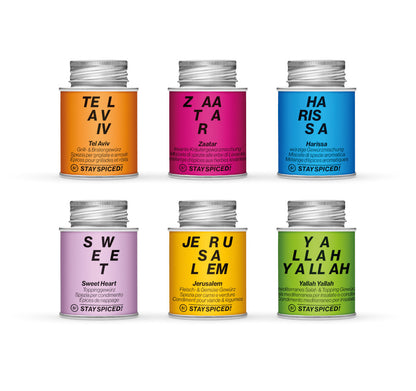 Die sechs aromatischen STAY SPICED ! Gewürzdosen der Levante Kollektion im Überblick