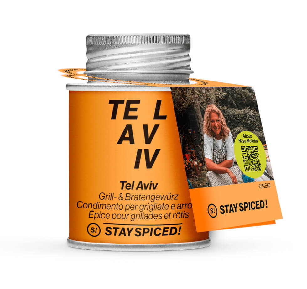 Tel Aviv, Grill- & Bratengewürz - Orange Dosenansicht mit NENI-Rezept-Hangtag von STAY SPICED !
