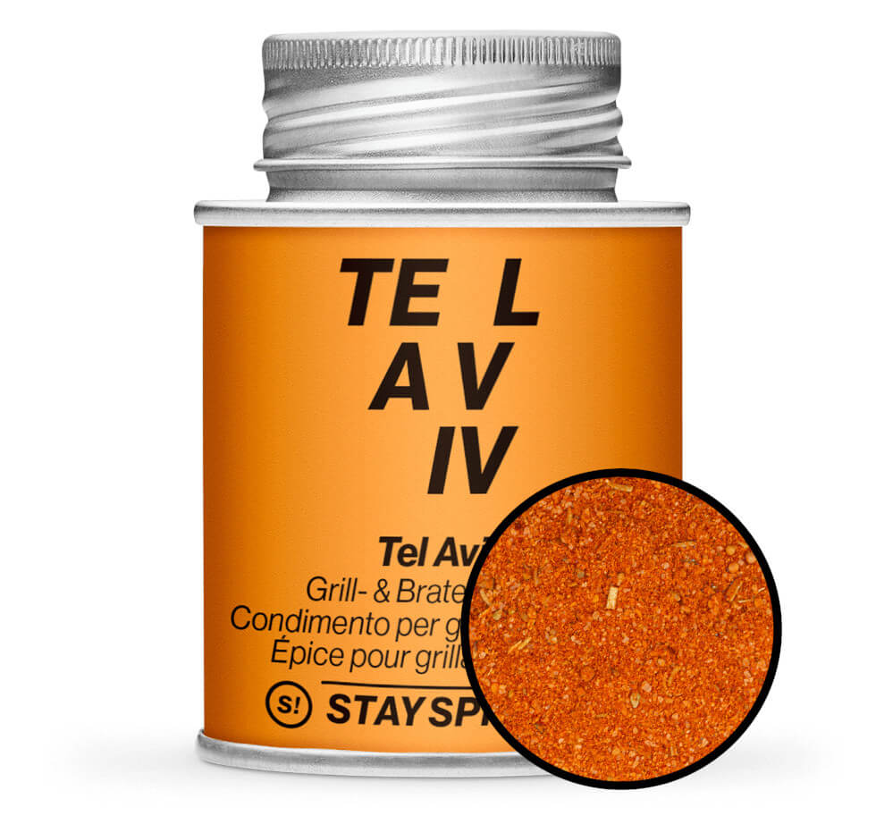 Tel Aviv, Grill- & Bratengewürz - Orange Gewürzdose mit kleiner runder Gewürz-Vorschau von STAY SPICED ! bei Chefkoch-Gewürze