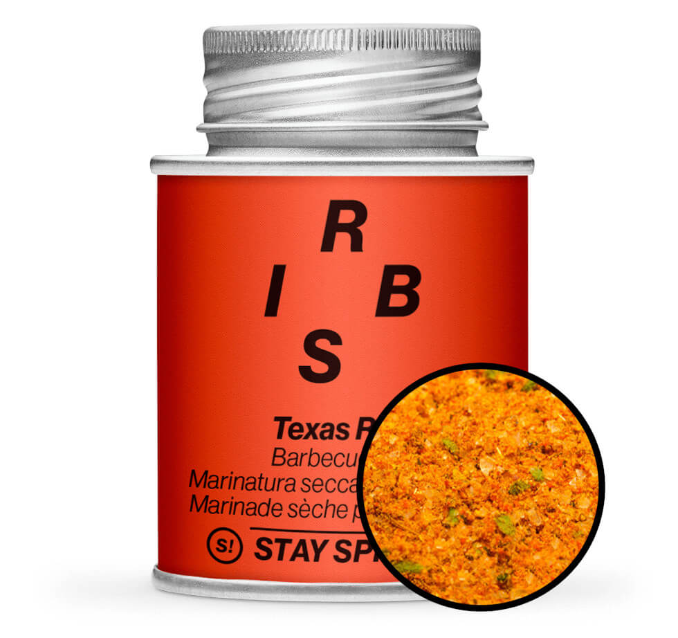 Texas Barbecue Rub - Orange Gewürzdose mit kleiner runder Gewürz-Vorschau von STAY SPICED ! bei Chefkoch-Gewürze