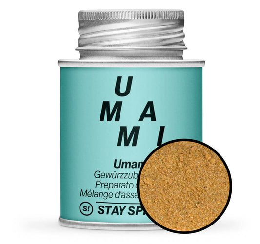 Umami Gewürz - Hellblaue Gewürzdose mit kleiner runder Gewürz-Vorschau von STAY SPICED! bei Chefkoch-Gewürze
