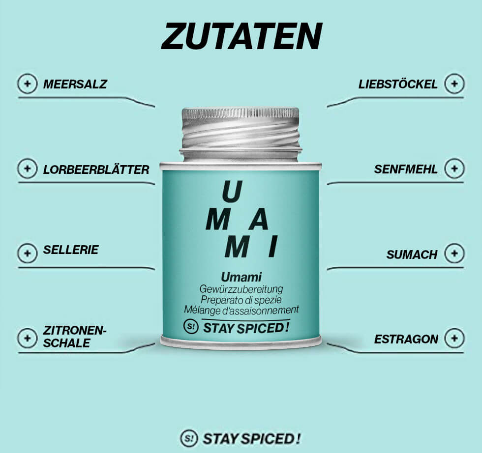 Zutatenübersicht der Umami GewürzmischungInfo zur Umami Gewürzmischung - natürlicher Geschmacksbooster für alle Gerichte