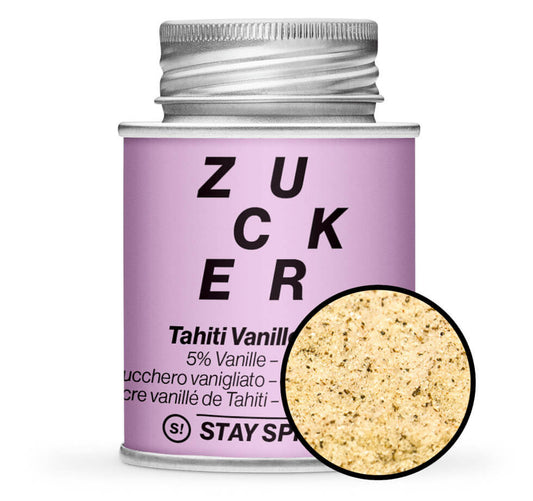 Vanillezucker 5% Tahiti Vanille - Pinke Gewürzdose mit kleiner runder Gewürz-Vorschau von STAY SPICED! bei Chefkoch-Gewürze