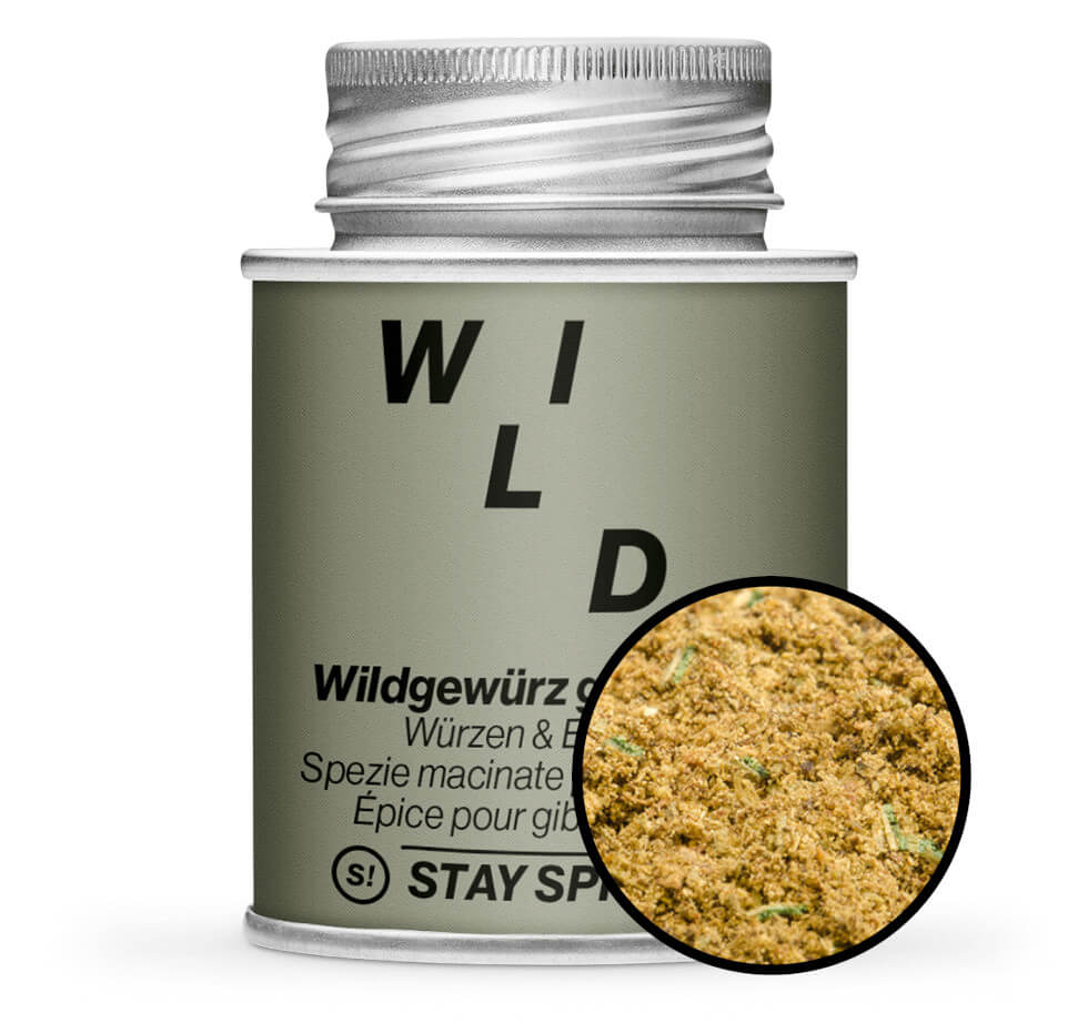 Wildgewürz gemahlen - Graue Gewürzdose mit kleiner runder Gewürz-Vorschau von STAY SPICED ! bei Chefkoch-Gewürze