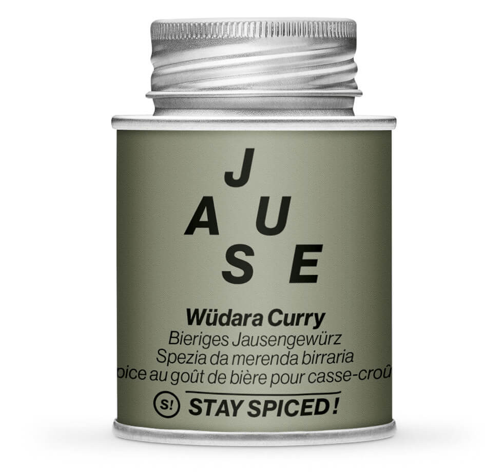 Wüdara Curry, Bieriges Jausengewürz - Geschlossene olivgrüne Gewürzdose von STAY SPICED!