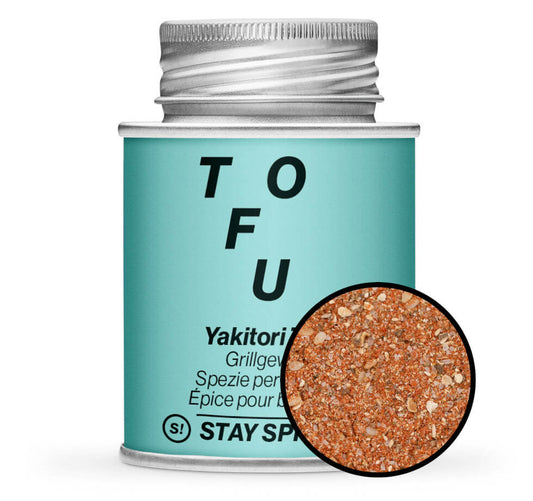 Yakitori Tofu Grillgewürz - Hellblaue Gewürzdose mit kleiner runder Gewürz-Vorschau von STAY SPICED! bei Chefkoch-Gewürz