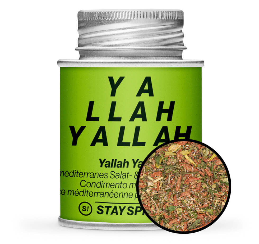 Yallah Yallah, mediterranes Salat- & Topping-Gewürz - Hellgrüne Gewürzdose mit kleiner runder Gewürz-Vorschau von STAY SPICED ! bei Chefkoch-Gewürze