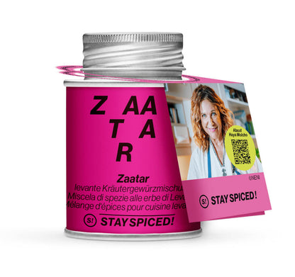 Zaatar Gewürzmischung - Pinke Dosenansicht mit NENI-Rezept-Hangtag von STAY SPICED !