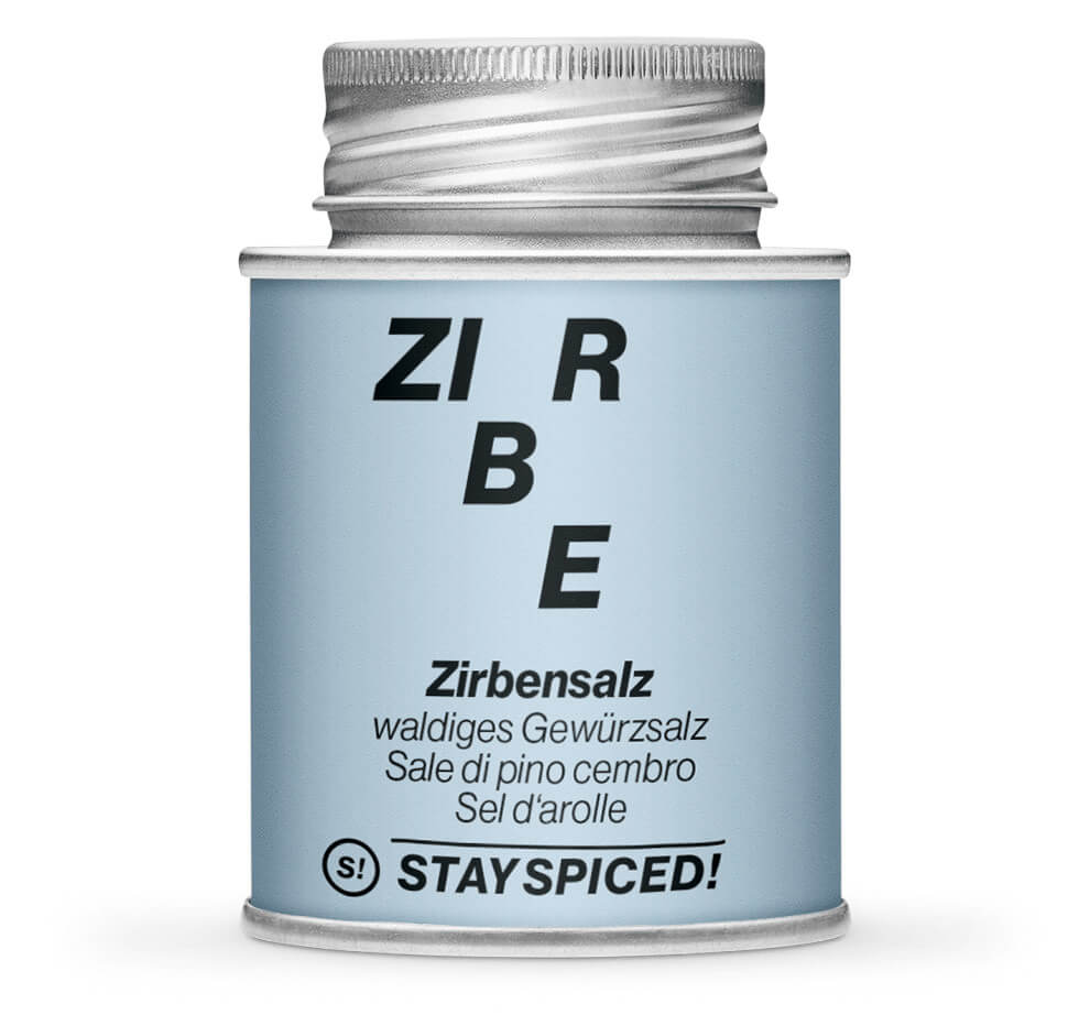 Zirbensalz Zirben Fleur de Sel - Geschlossene hellblaue Gewürzdose von STAY SPICED