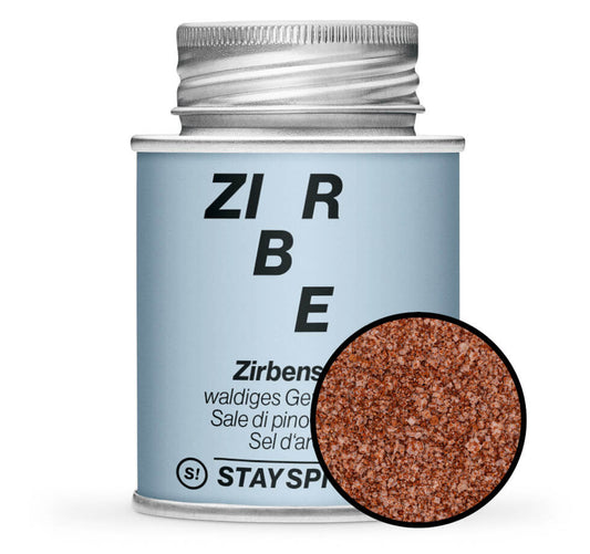 Zirbensalz Zirben Fleur de Sel - Hellblaue Gewürzdose mit kleiner runder Gewürz-Vorschau von STAY SPICED! bei Chefkoch-Gewürze